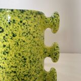 Handmade green speckled yellow ceramic vase with abstract handles