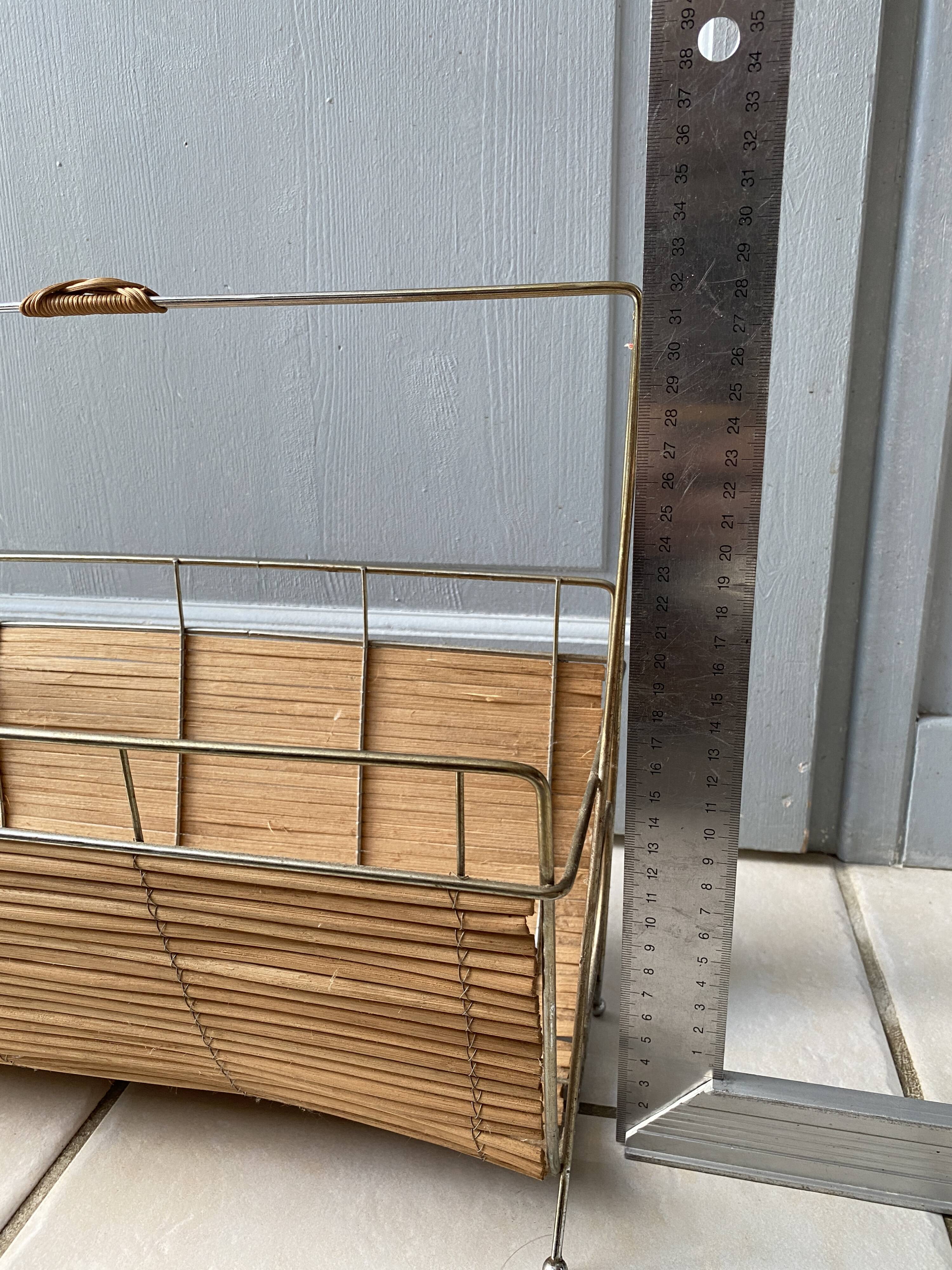 Vintage 1960s magazine rack / newspaper basket, brass & bamboo frame