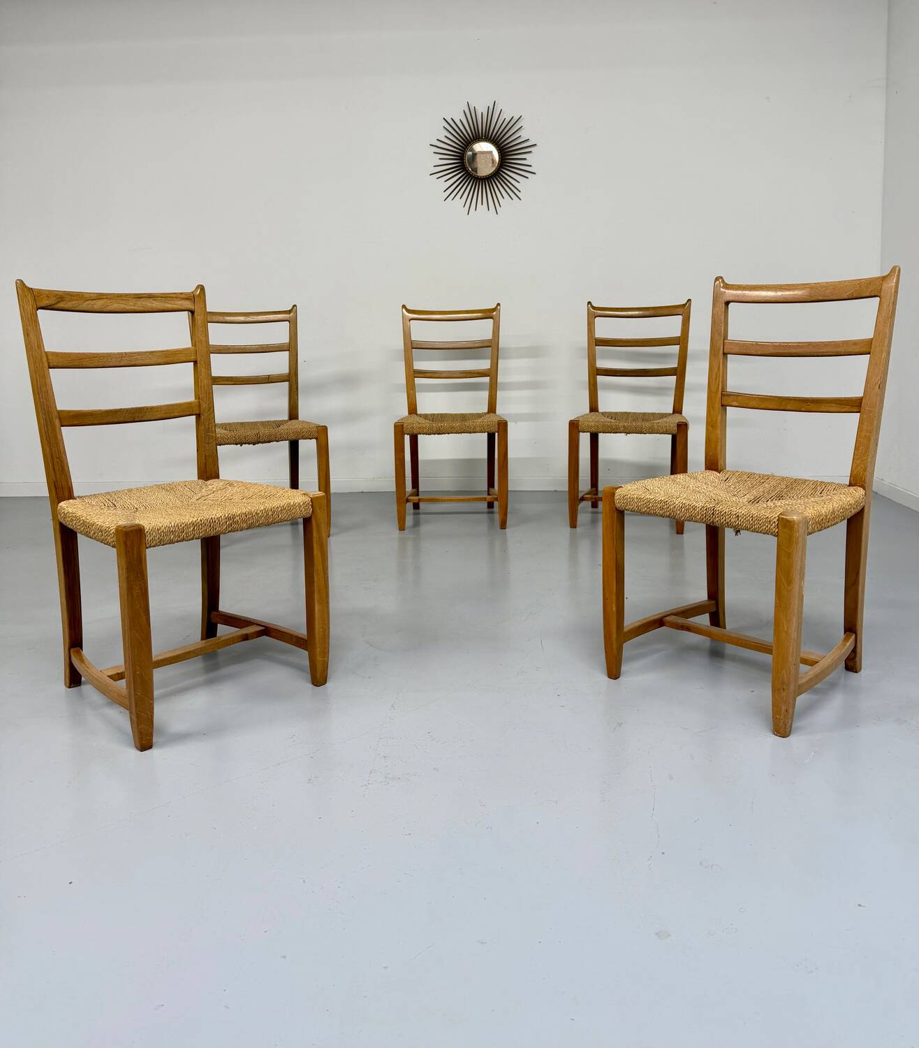 Set of 5 wooden chairs with rope seats, Scandinavian design, 1970s