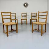 Set of 5 wooden chairs with rope seats, Scandinavian design, 1970s