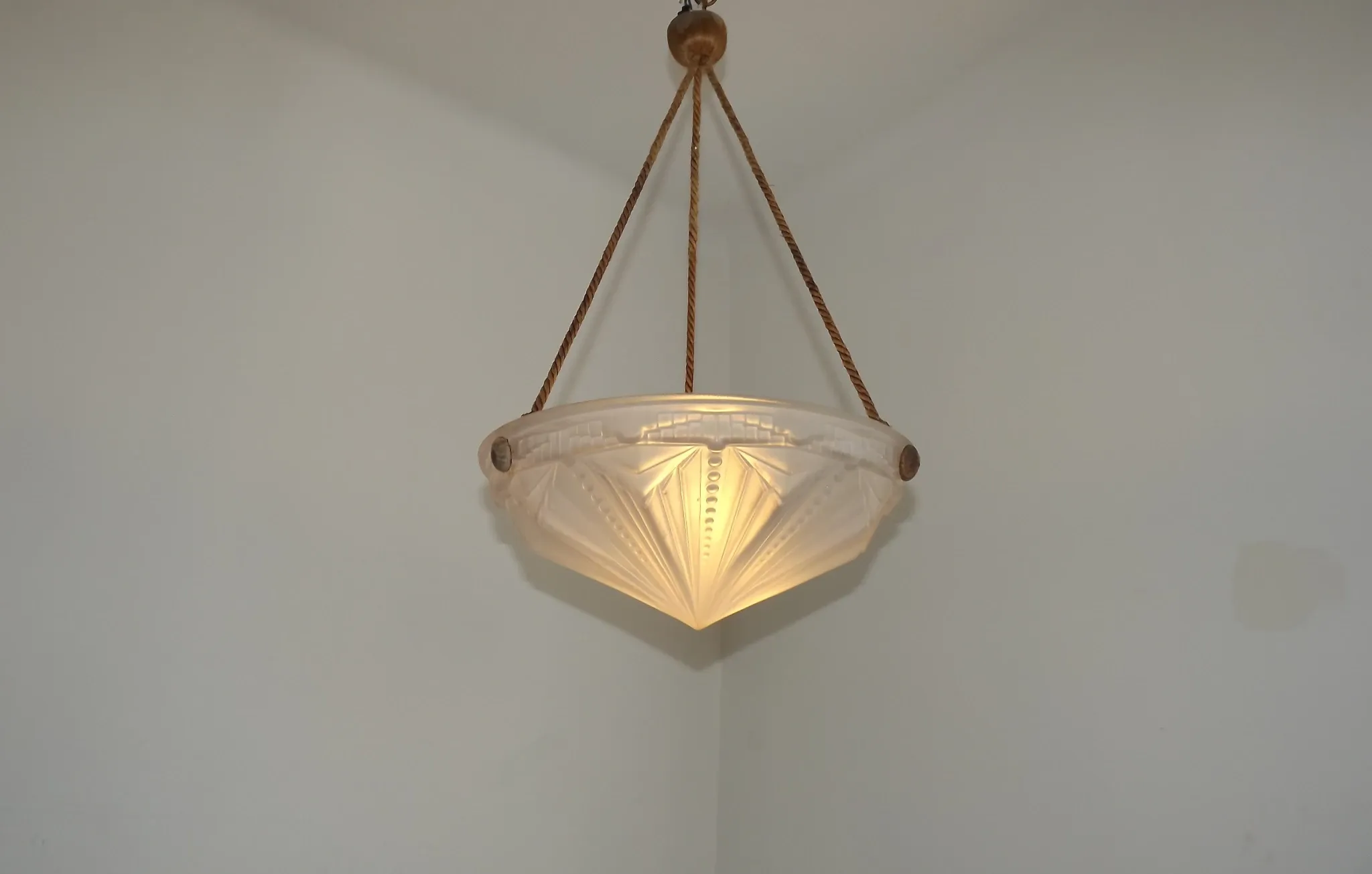 French Vintage Art Deco White Glass Abstract Platformier Ceiling LIght