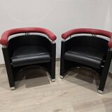 Pair of 80s designer leather and chrome metal armchairs