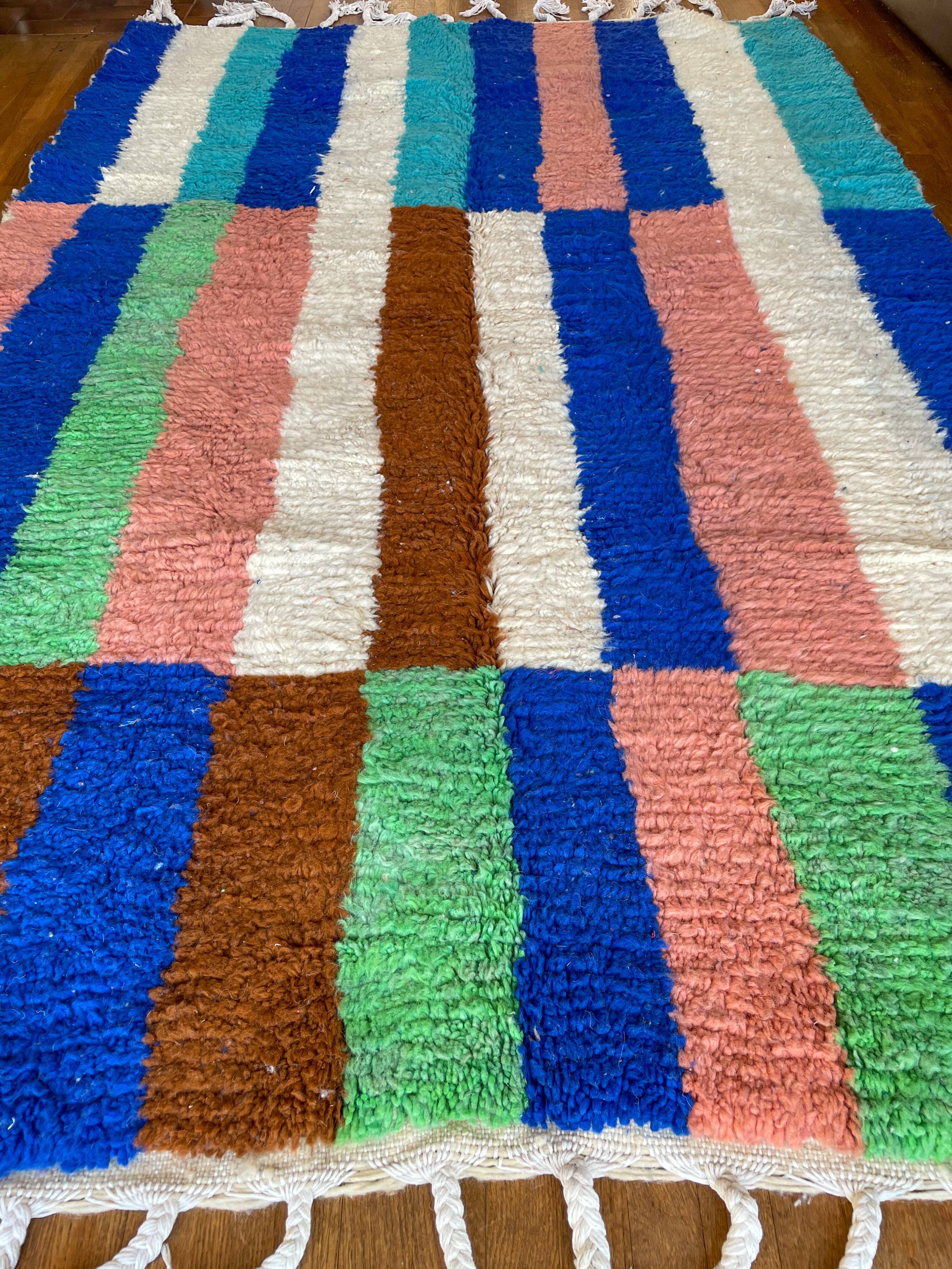 Berber carpet boujad colorful blue majorelle green brown peach