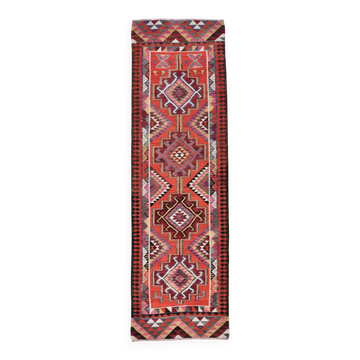 Tapis runner kilim vintage boho coloré, motifs tribaux géométriques, 95x302