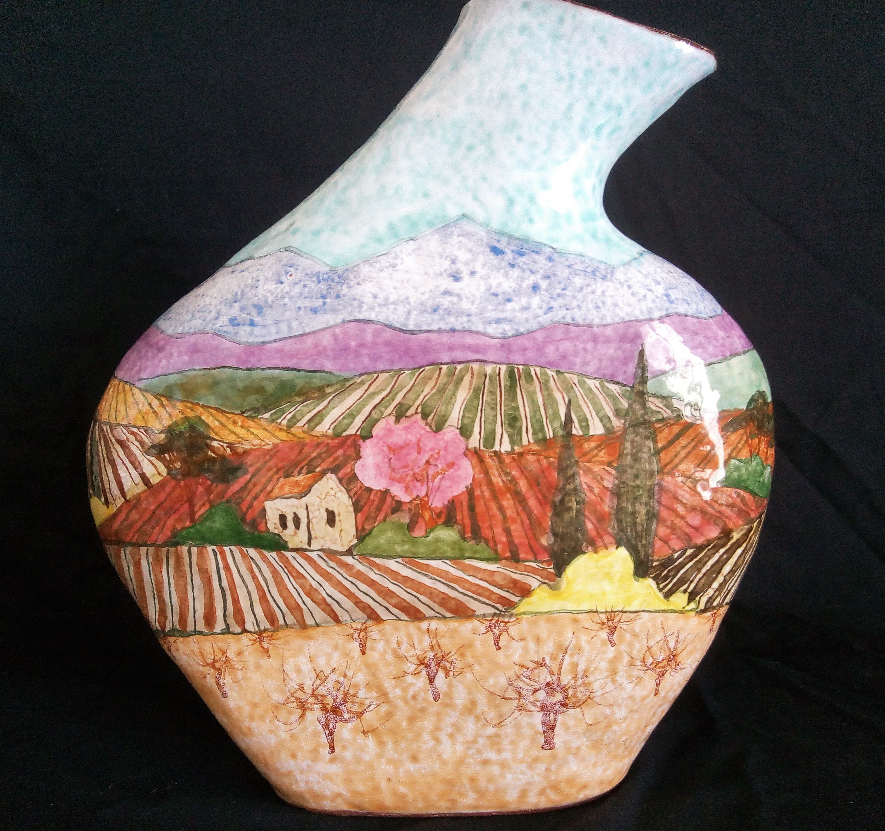 Vase Art Déco en grès, peint à la main d'un paysage champêtre