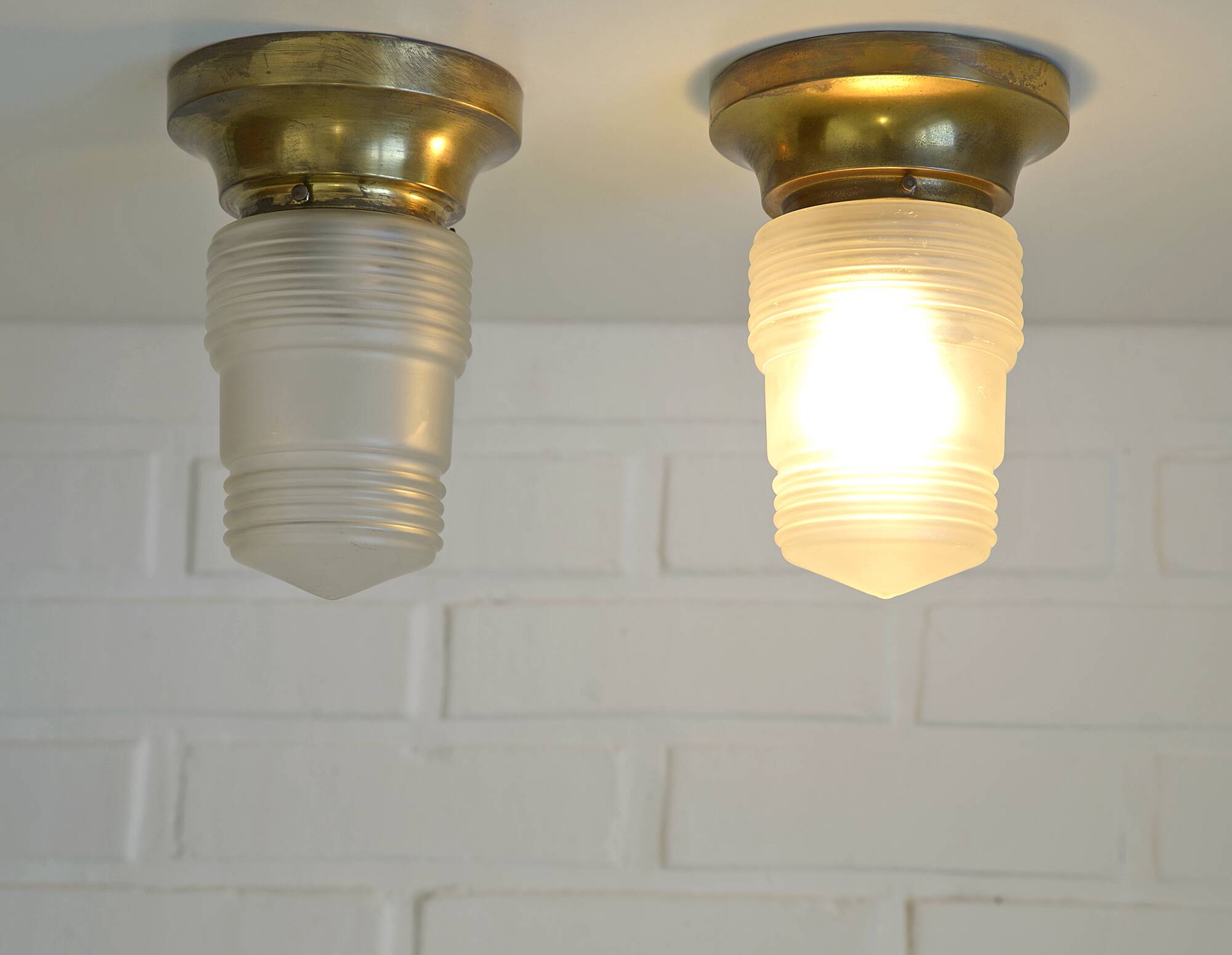 Original Art Deco Brass Sconces Pair of Ceiling Lights Antique  1920 / 1930
