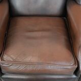 Brown smooth cow leather Chesterfield wingback armchair in English style