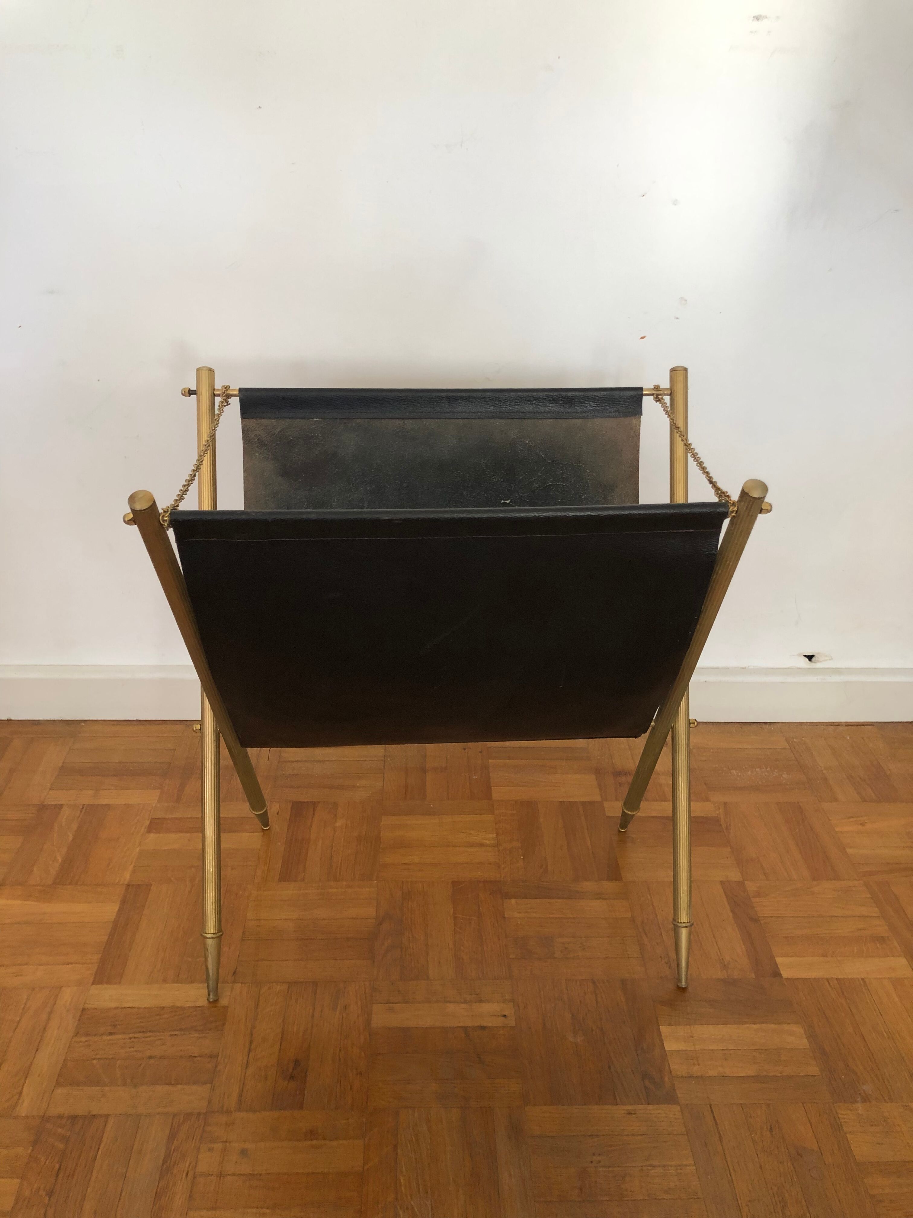 Porte revues vintage cuir et métal doré