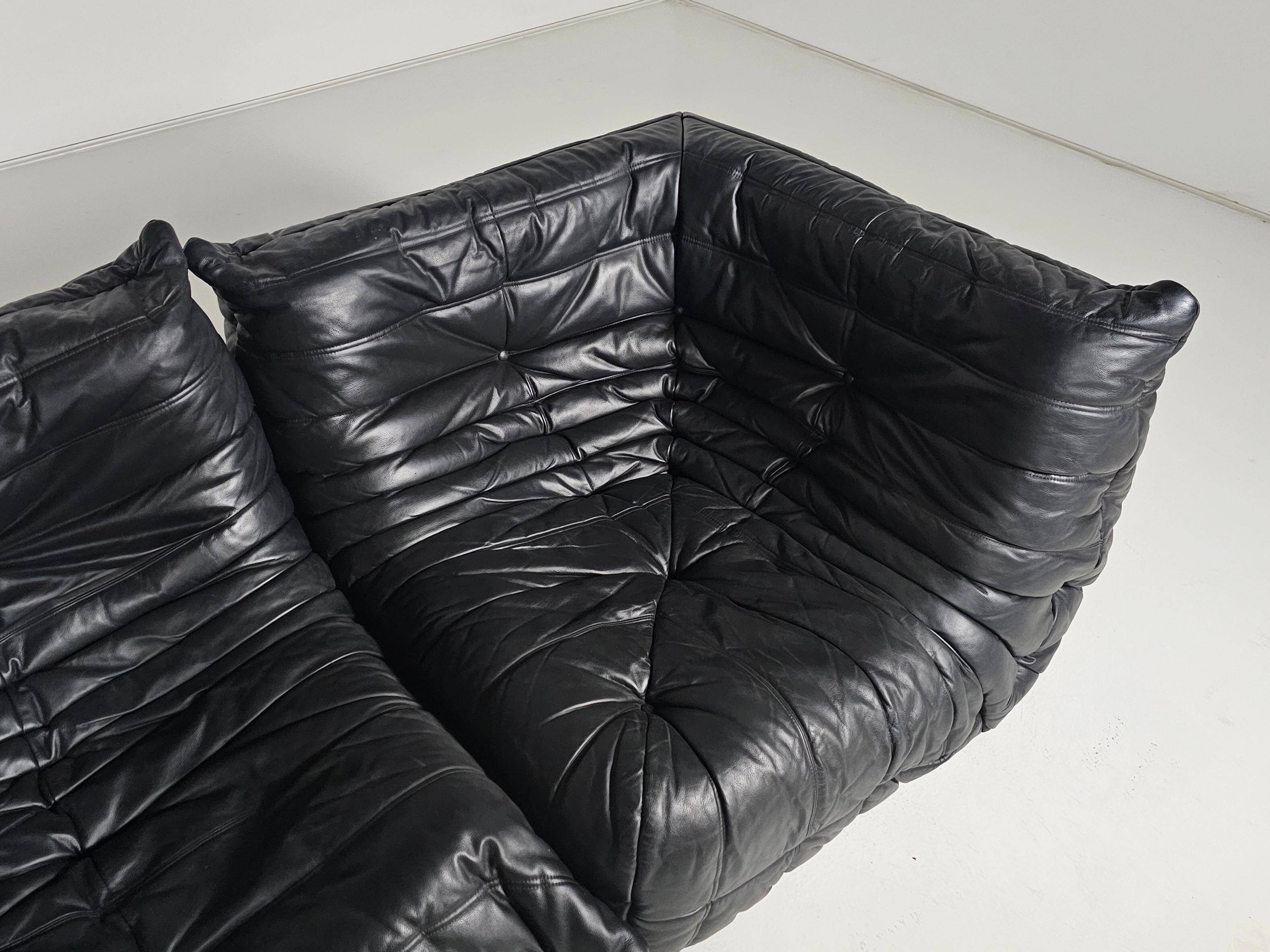 Togo black leather sofa, original, Michel Ducaroy, Ligne Roset, 1980