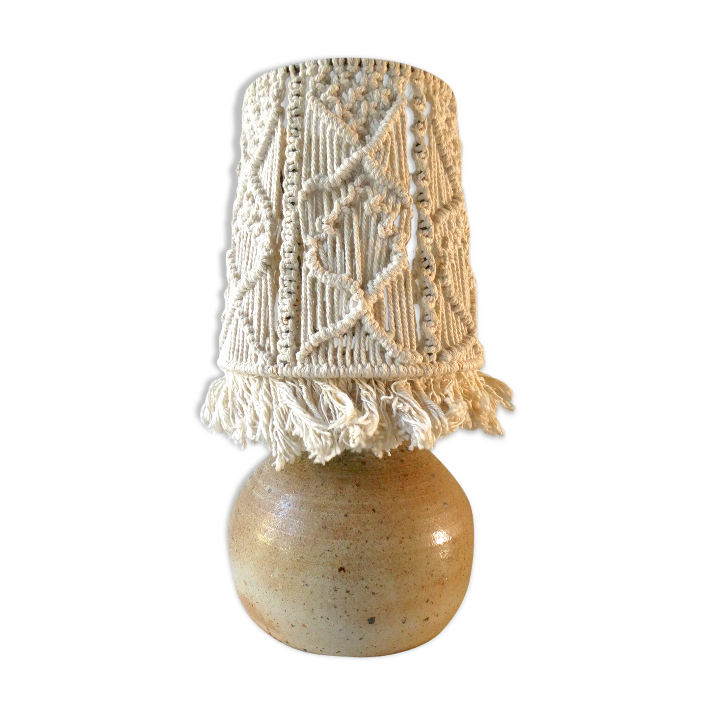 Sandstone lamp with a macrame Lampshade, Jean Migeon
