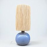 Lampe boule signé en céramique grès bleu lavande abat-jour corde ou raphia