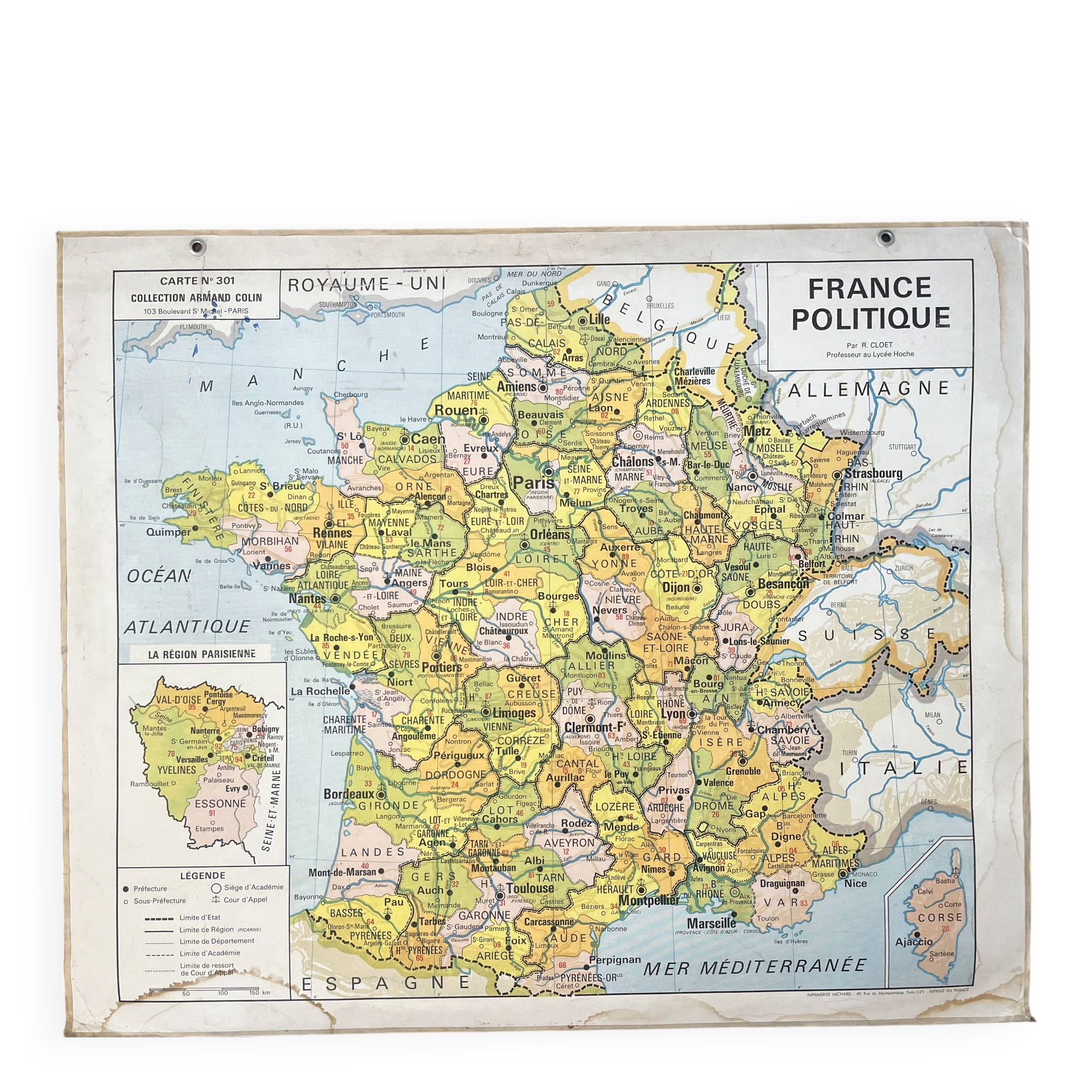 Old Vidal-Lablache map 301, 1950 - France, departments, rivers