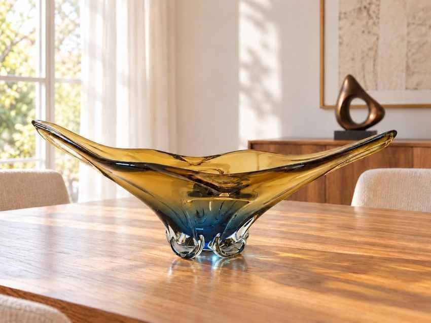Vintage Art Glass Bowl, Hand Blown Murano Style, Yugoslavia 1960s, Large Centerpiece