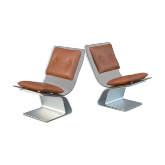 Pair of armchairs from Maison Jansen 1970 smoked glass and Cognac leather