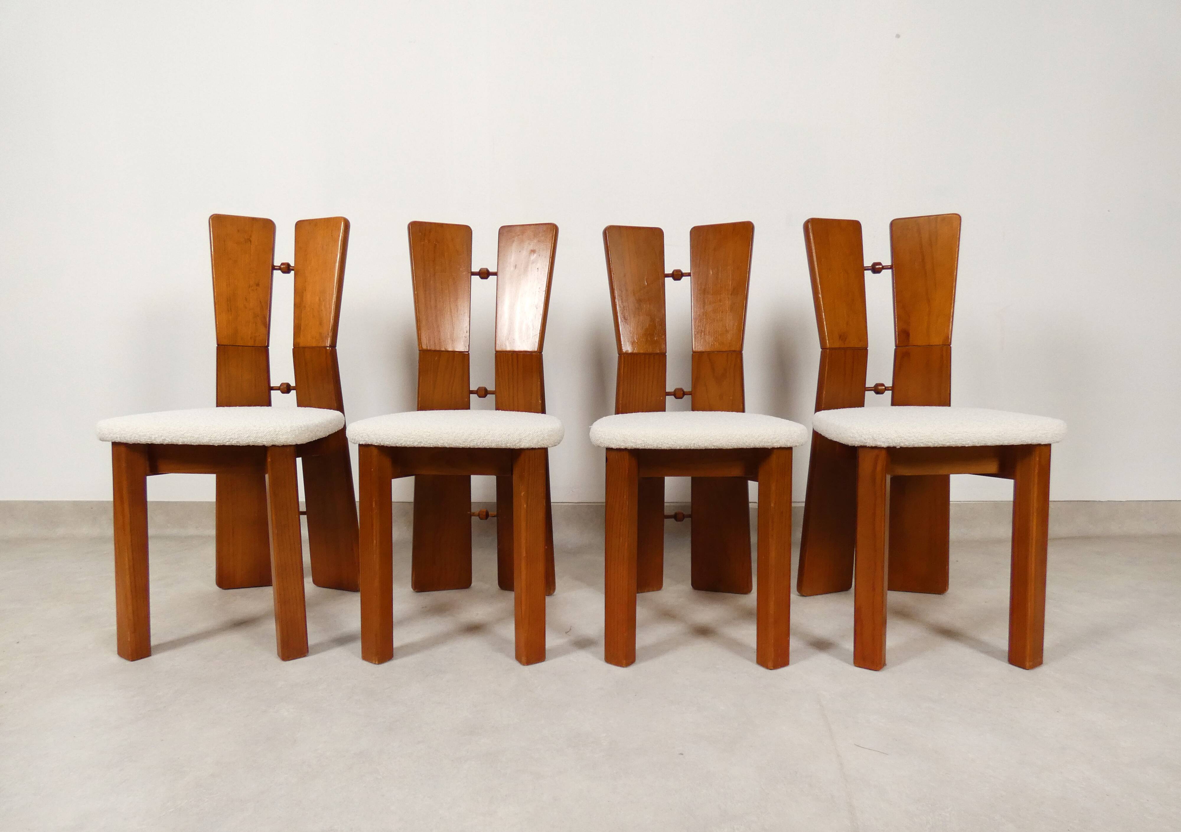 70's brutalist dining chairs in oak with bouclé fabric