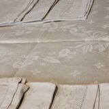 Ancienne nappe lin damassée beige 160 × 180 cm + 12 serviettes