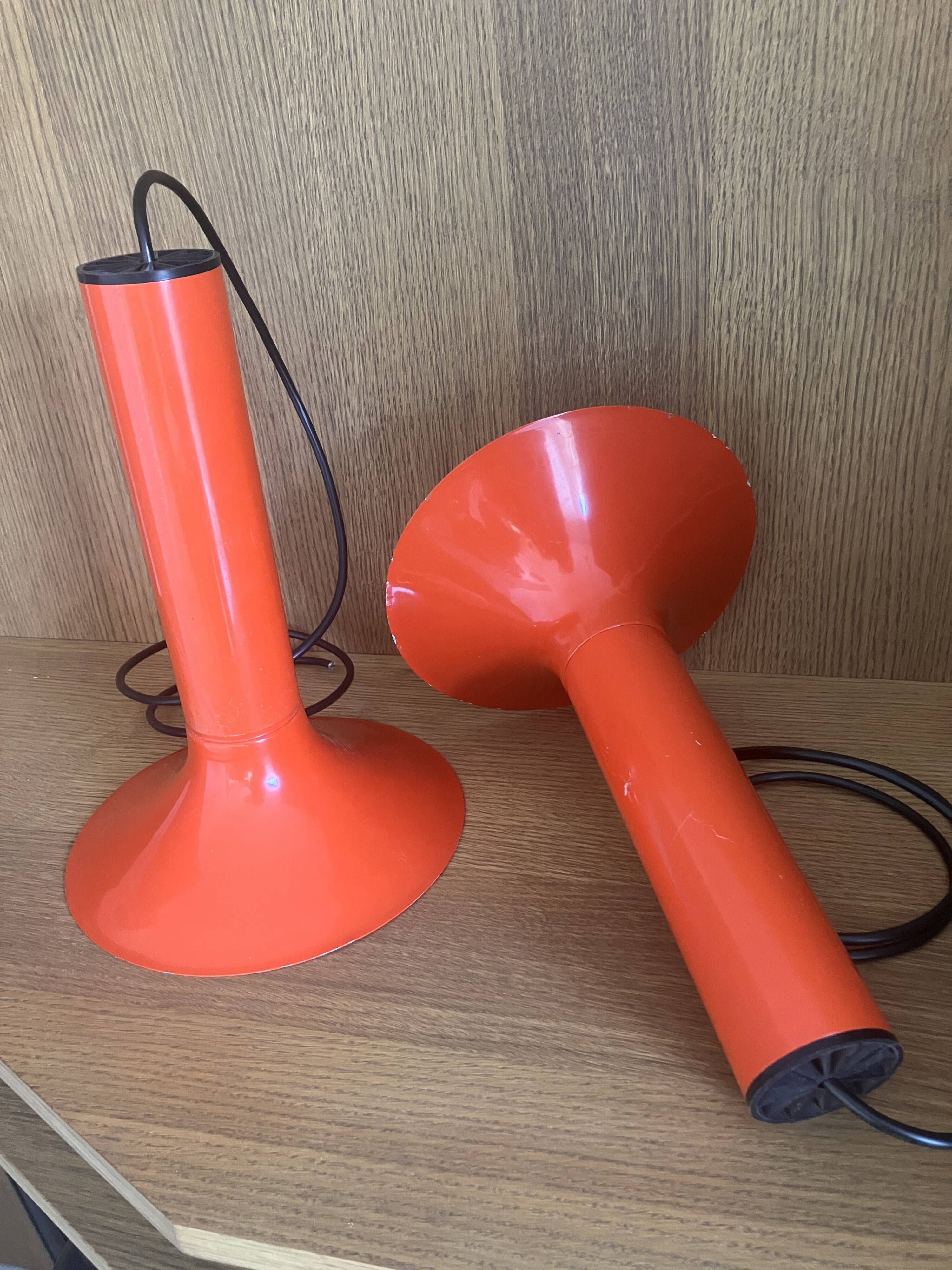 Pair of Lita metal orange pendant lights from the 70s Space Age.