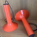 Pair of Lita metal orange pendant lights from the 70s Space Age.