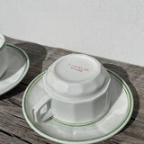 Pair of vintage Apilco style bistro cups in white and green ceramic