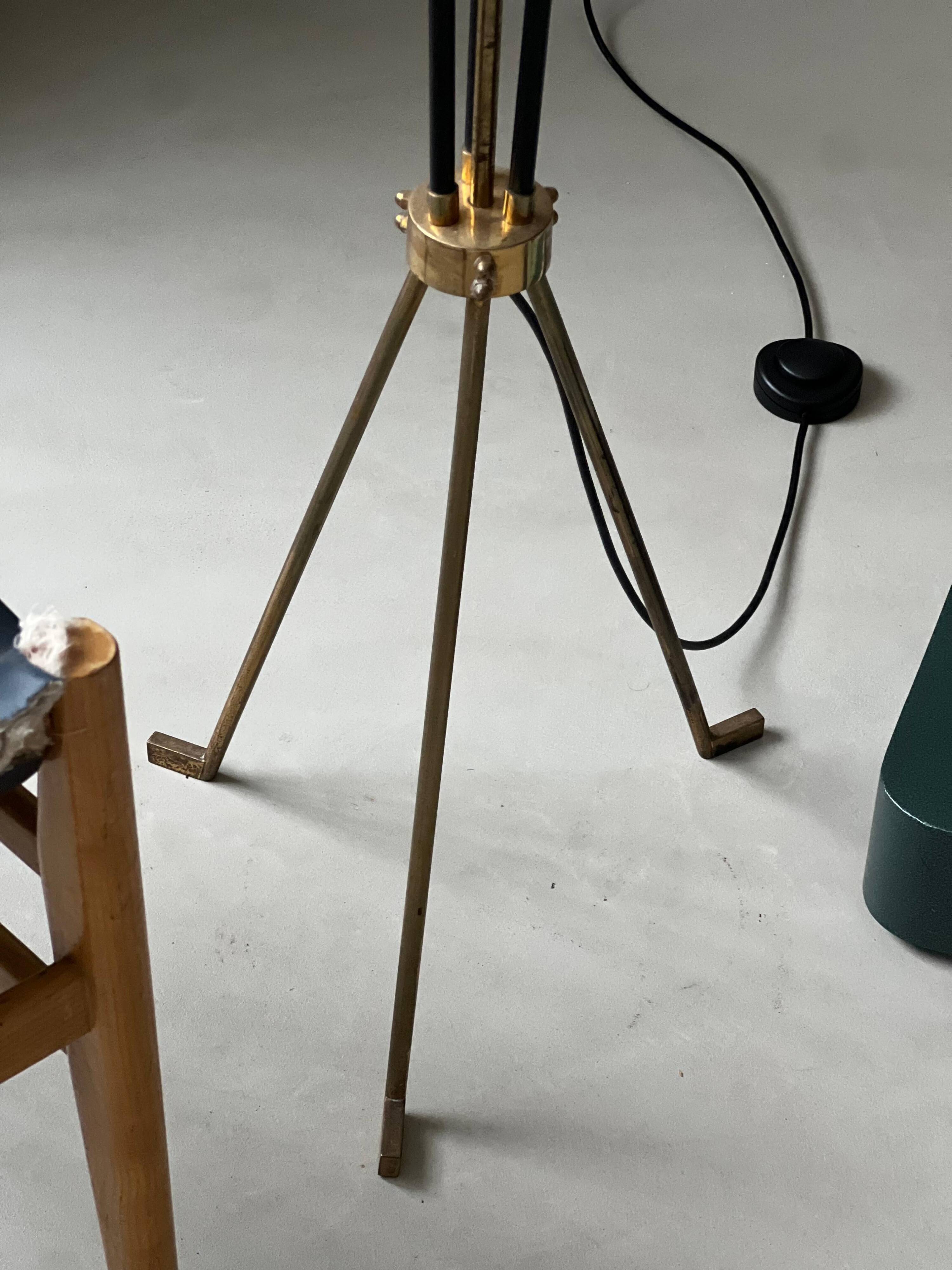 Vintage Italian Brass Floor Lamp in the style of Stilnovo, three legs, opaline
