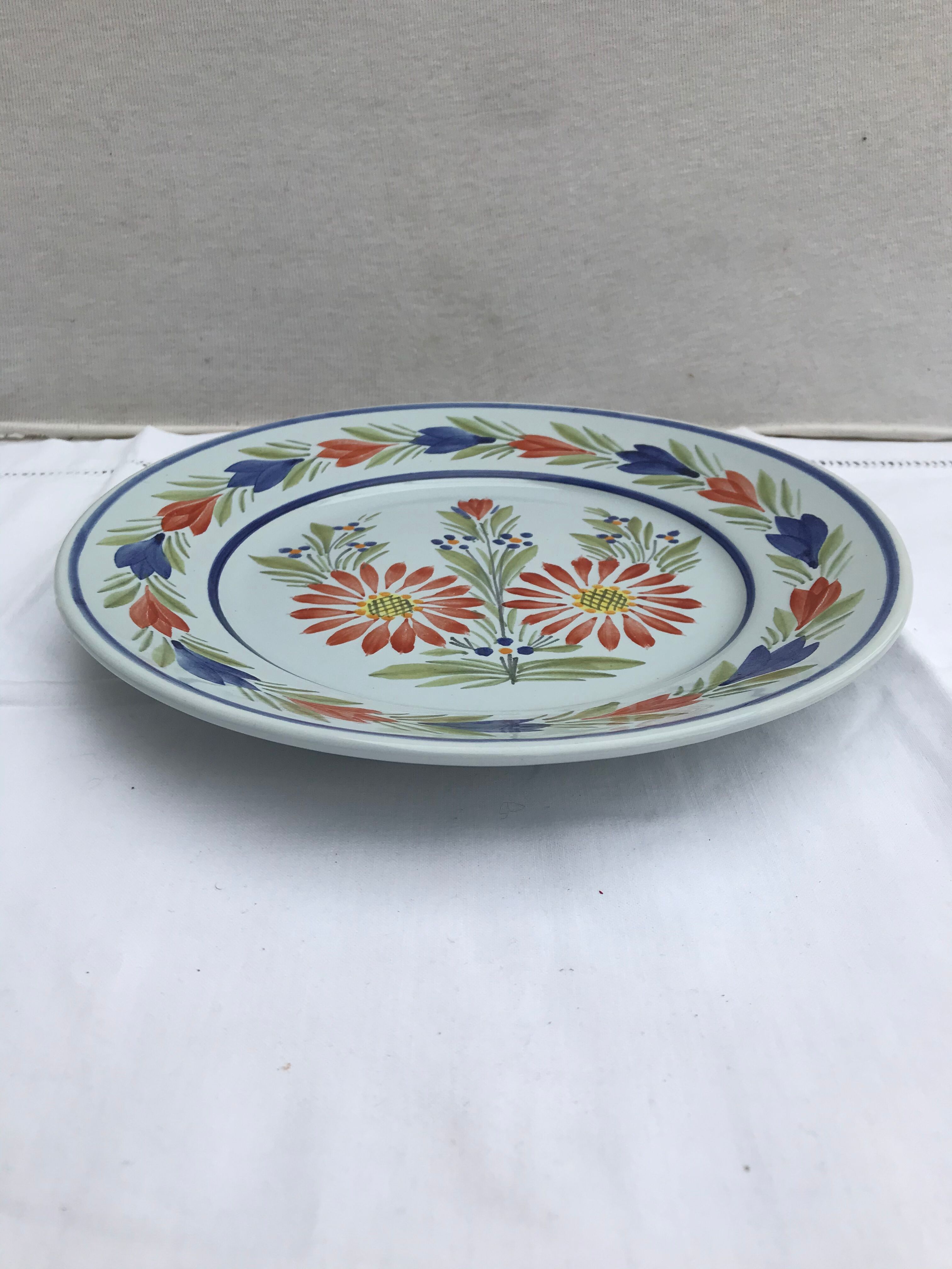 Old Plate Deco QUIMPER HB France Blue Ceramics - Vintage Painted Drawing