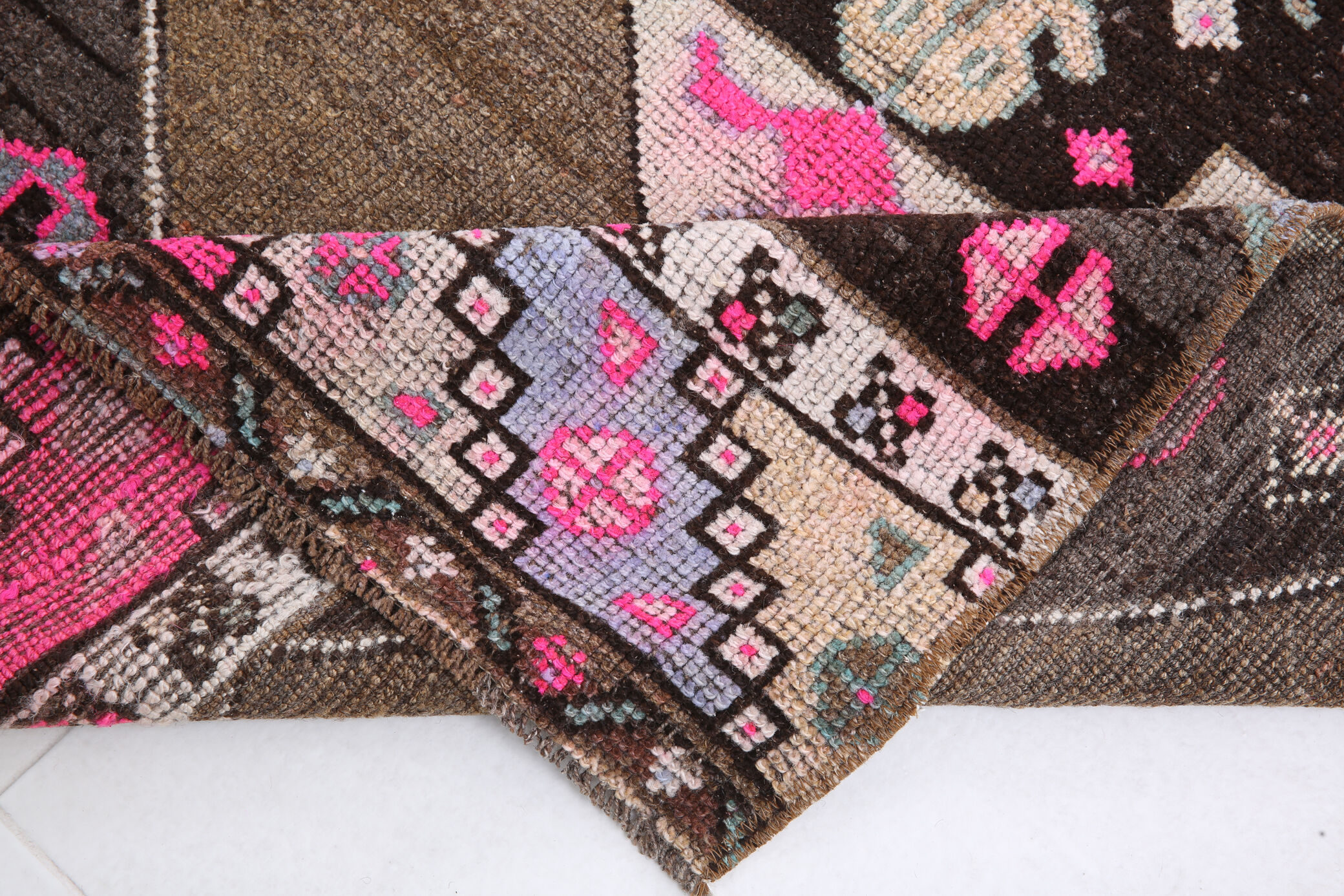 Geometric brown oushak runner rug, 97x326cm