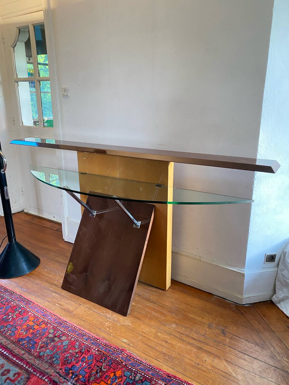 Vintage 80s Italian Saporiti glass and wood console/table.