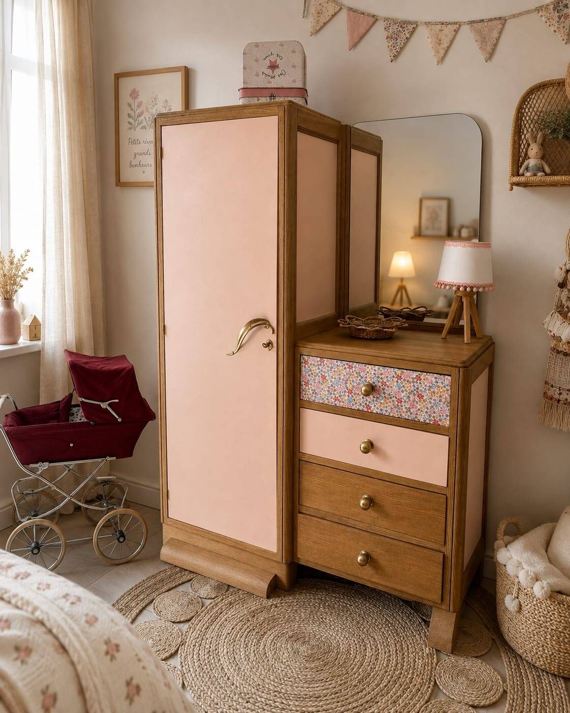 Asymmetrical floral wardrobe, natural oak & powder pink