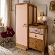 Asymmetrical floral wardrobe, natural oak & powder pink