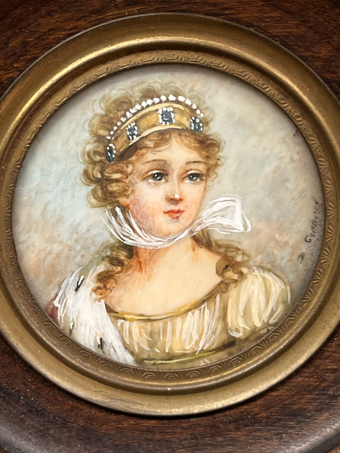 Small antique miniature on organic support – Blackened wooden frame