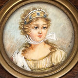 Small antique miniature on organic support – Blackened wooden frame