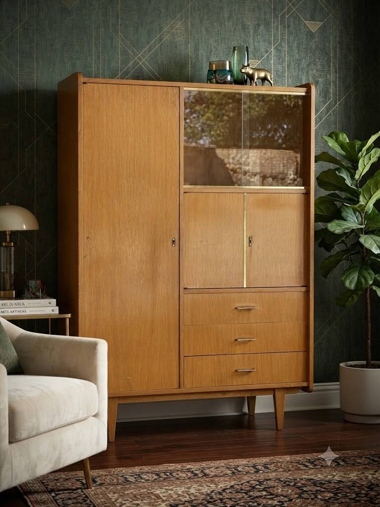 Large wardrobe / Vintage 1960s / 1970s wardrobe with glass doors & drawers