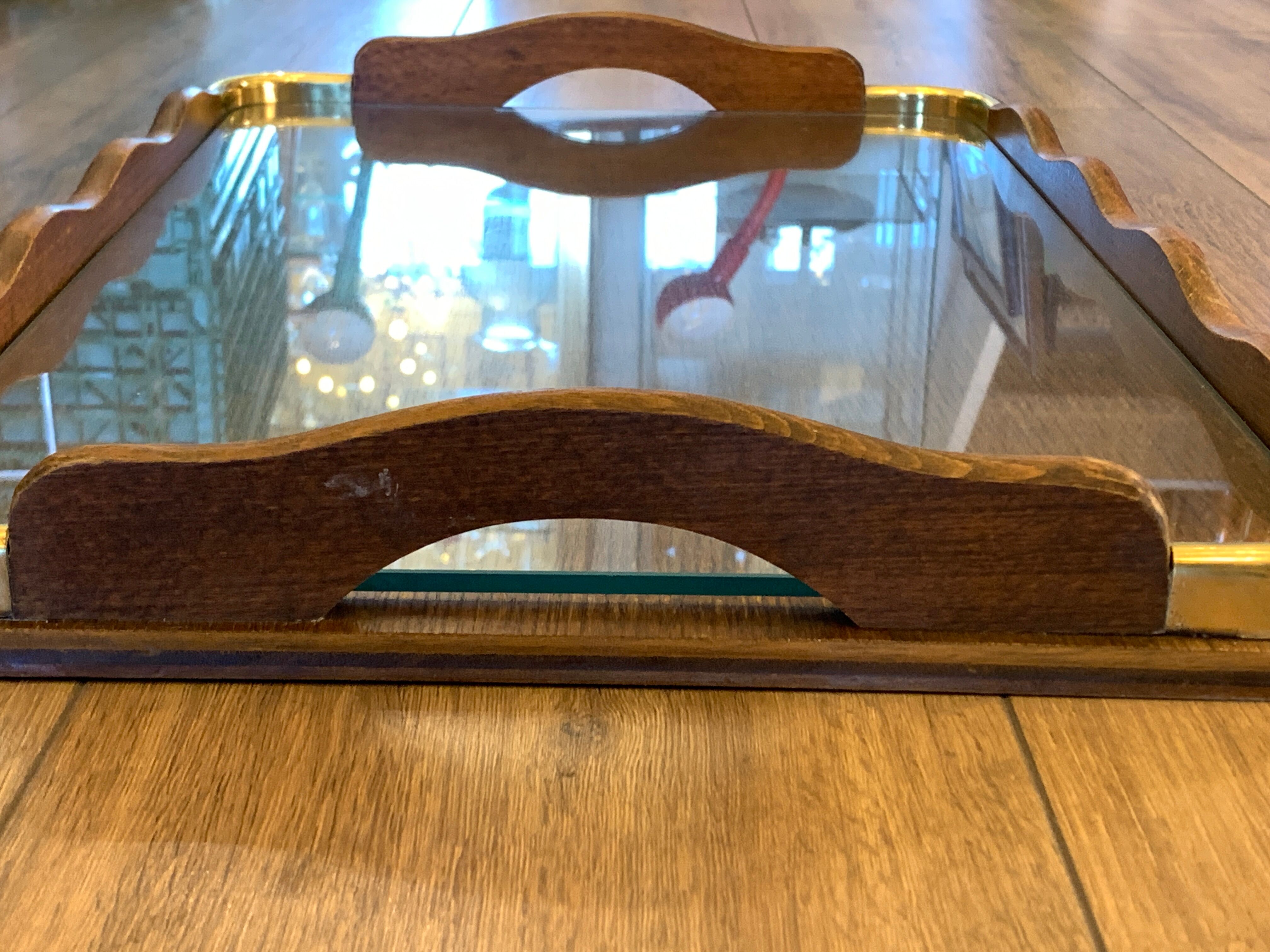 Serving tray in wood, brass and glass, 1960