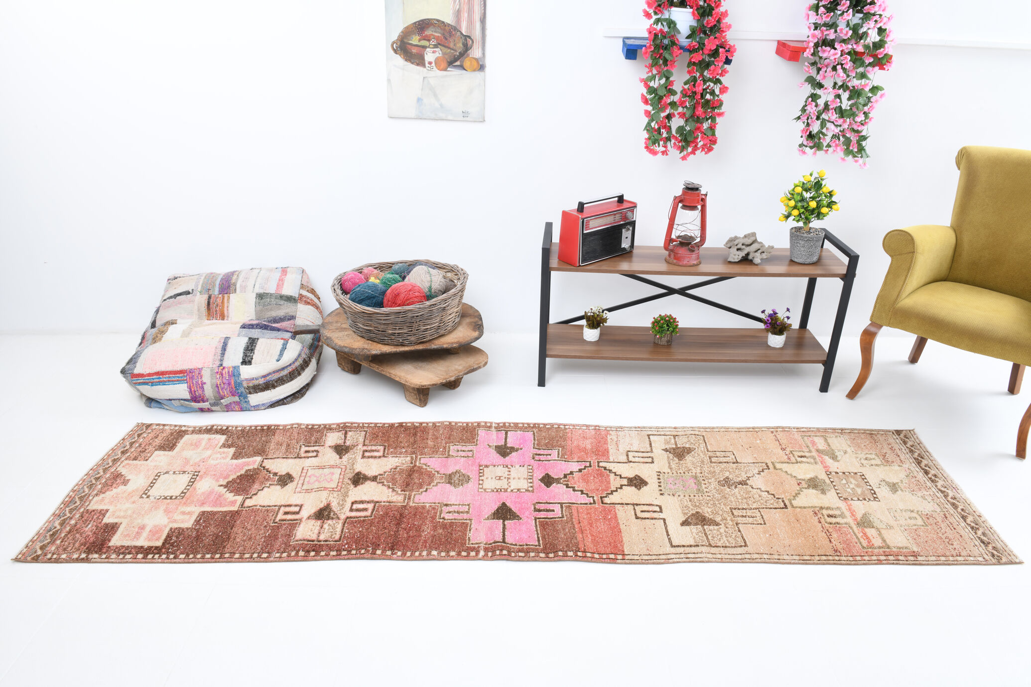 3x10 neutral geometric vintage runner rug, 296x73cm