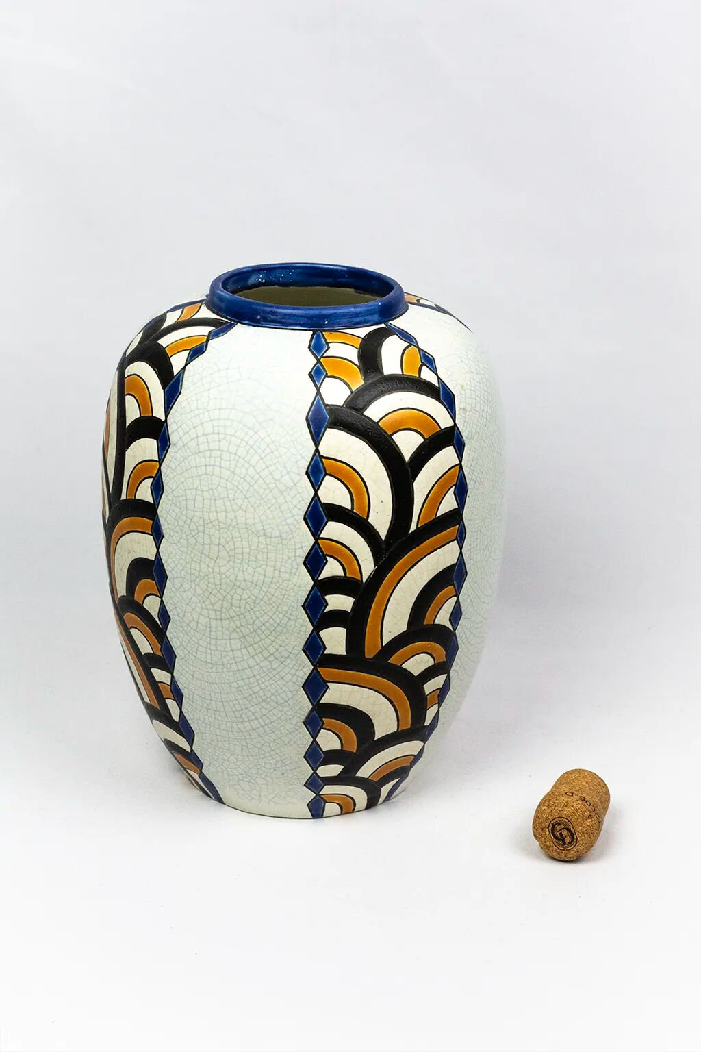 Art Deco vase from the Nimy pottery — geometric design, Belgium circa 1940.