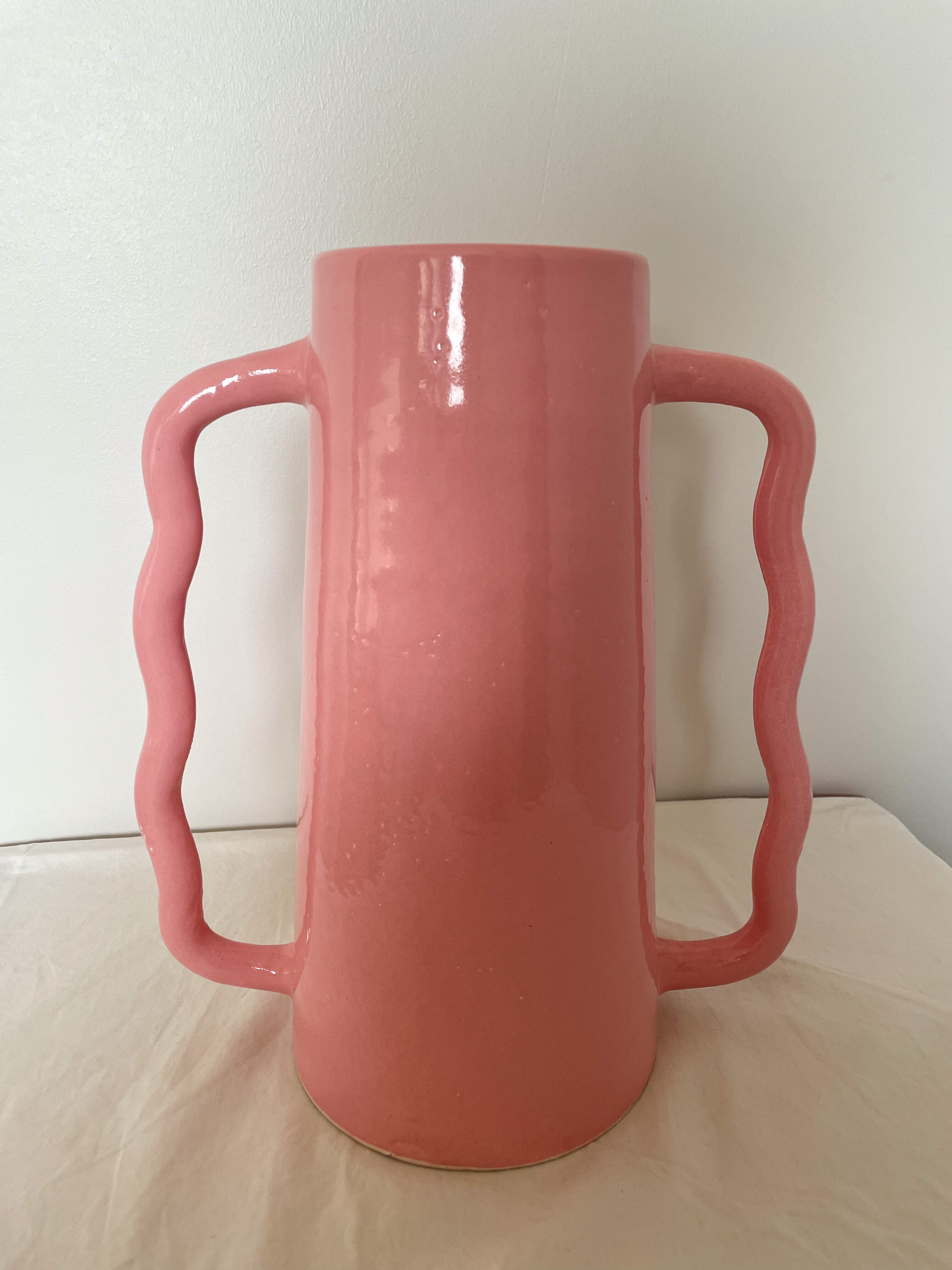 Handmade abstract pink ceramic vase with wavy handmade handmade