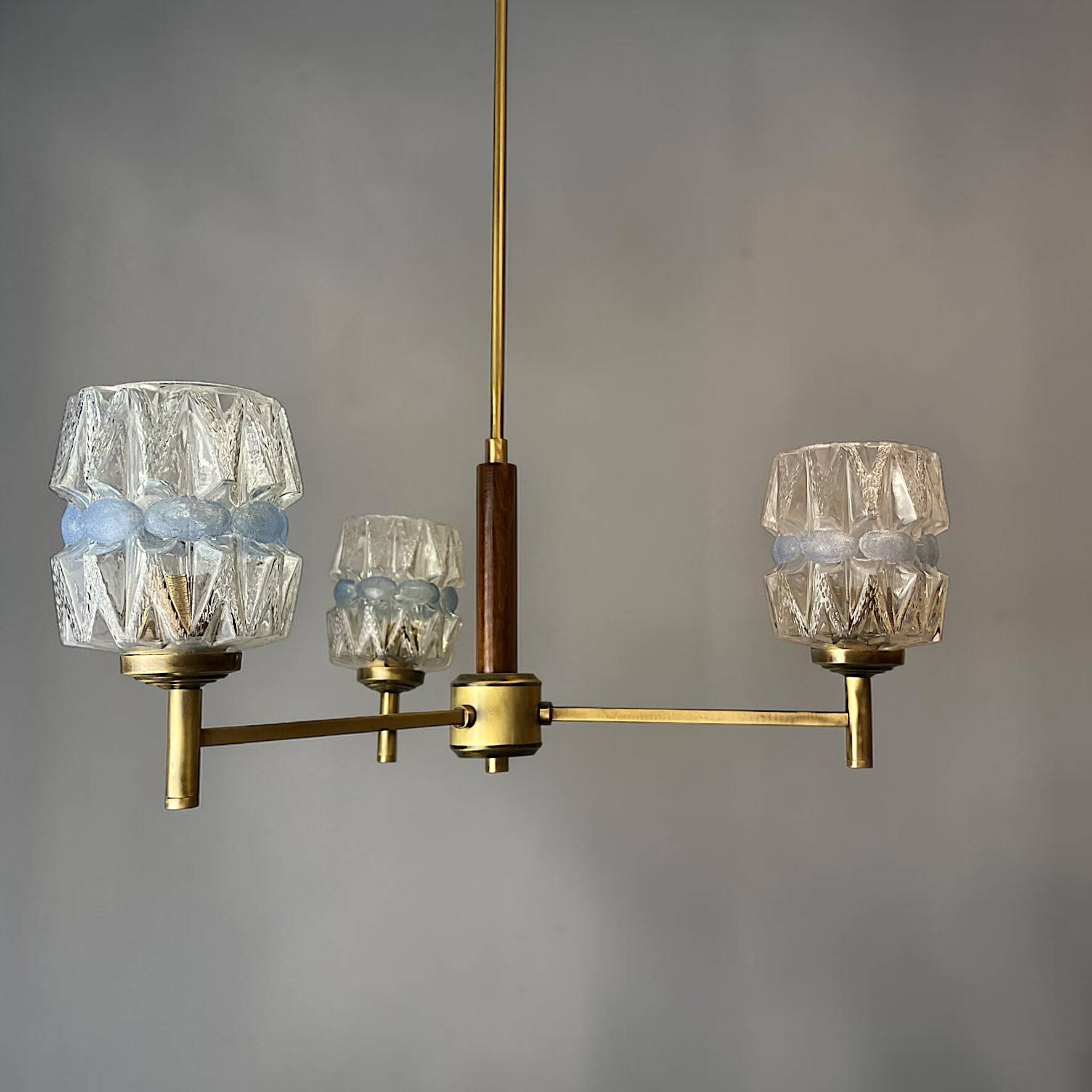 Mid Century Modern 3-light wood and glass chandelier