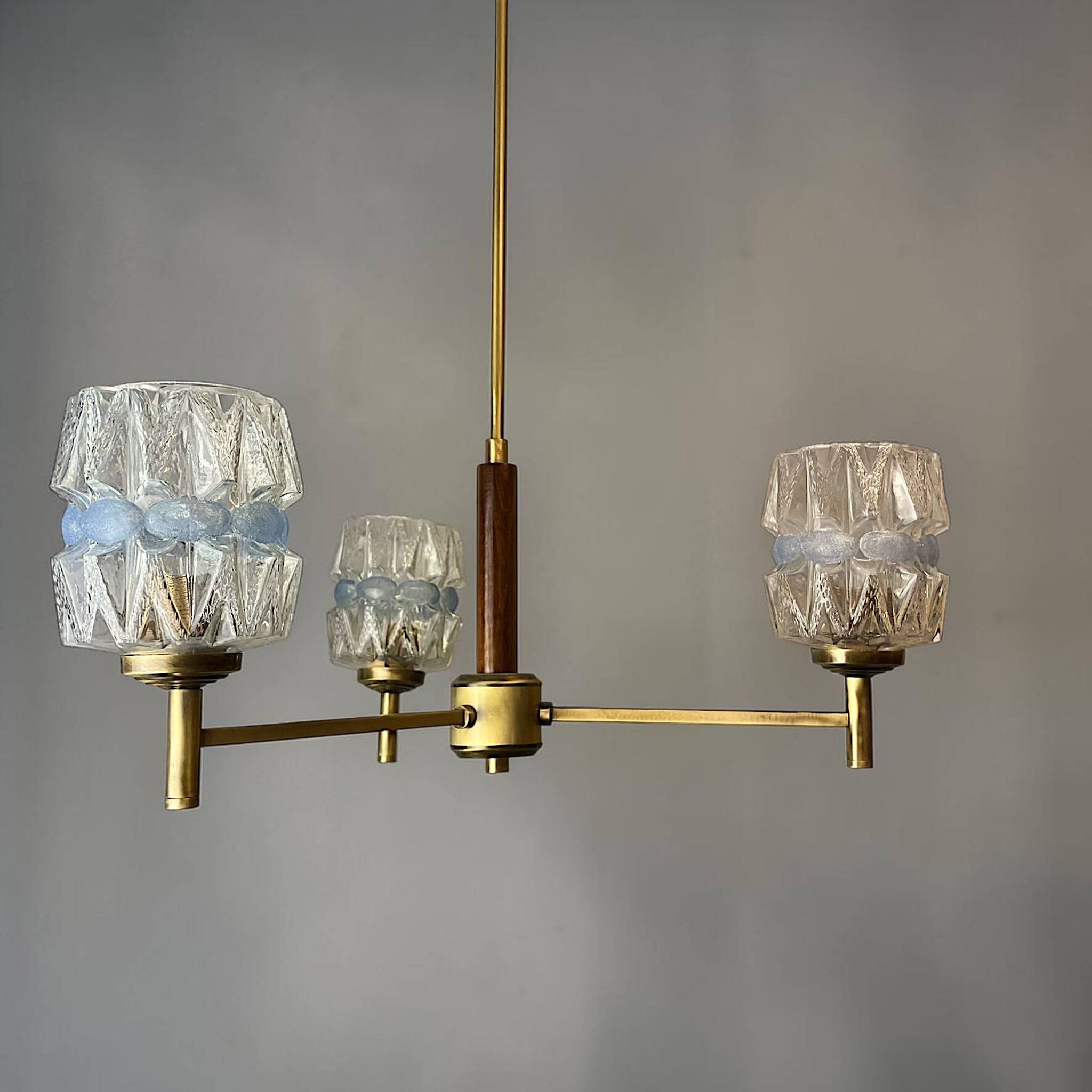 Mid Century Modern 3-light wood and glass chandelier