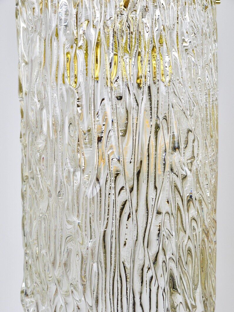 J.T. Kalmar Vienna Midcentury Textured Ice Glass Tube Brass Pendant Lamp, Austria, 1950s
