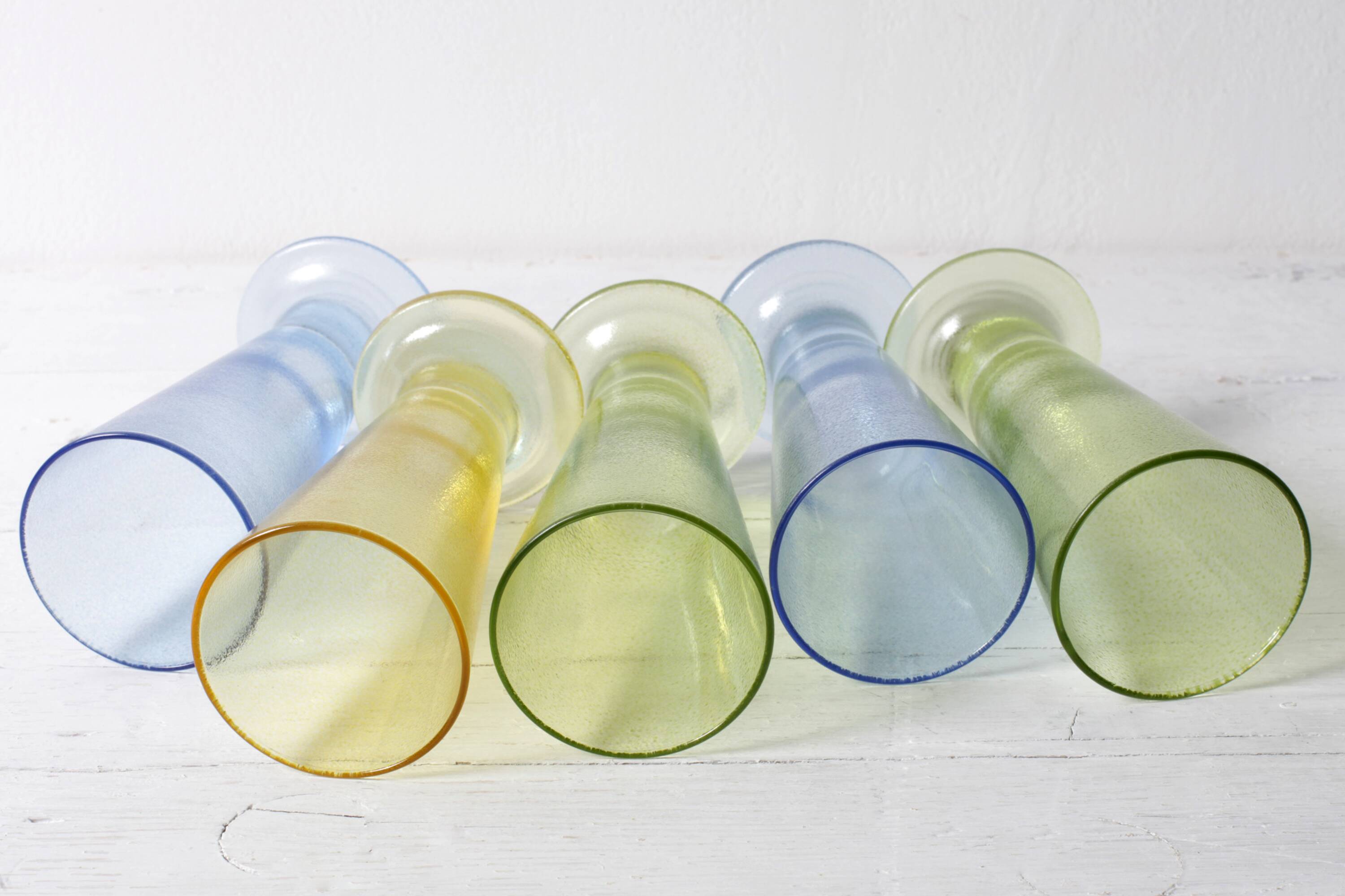 Set of 5 Colorful Yellow, Green and Blue Water Tumblers / Turkey / 2000s