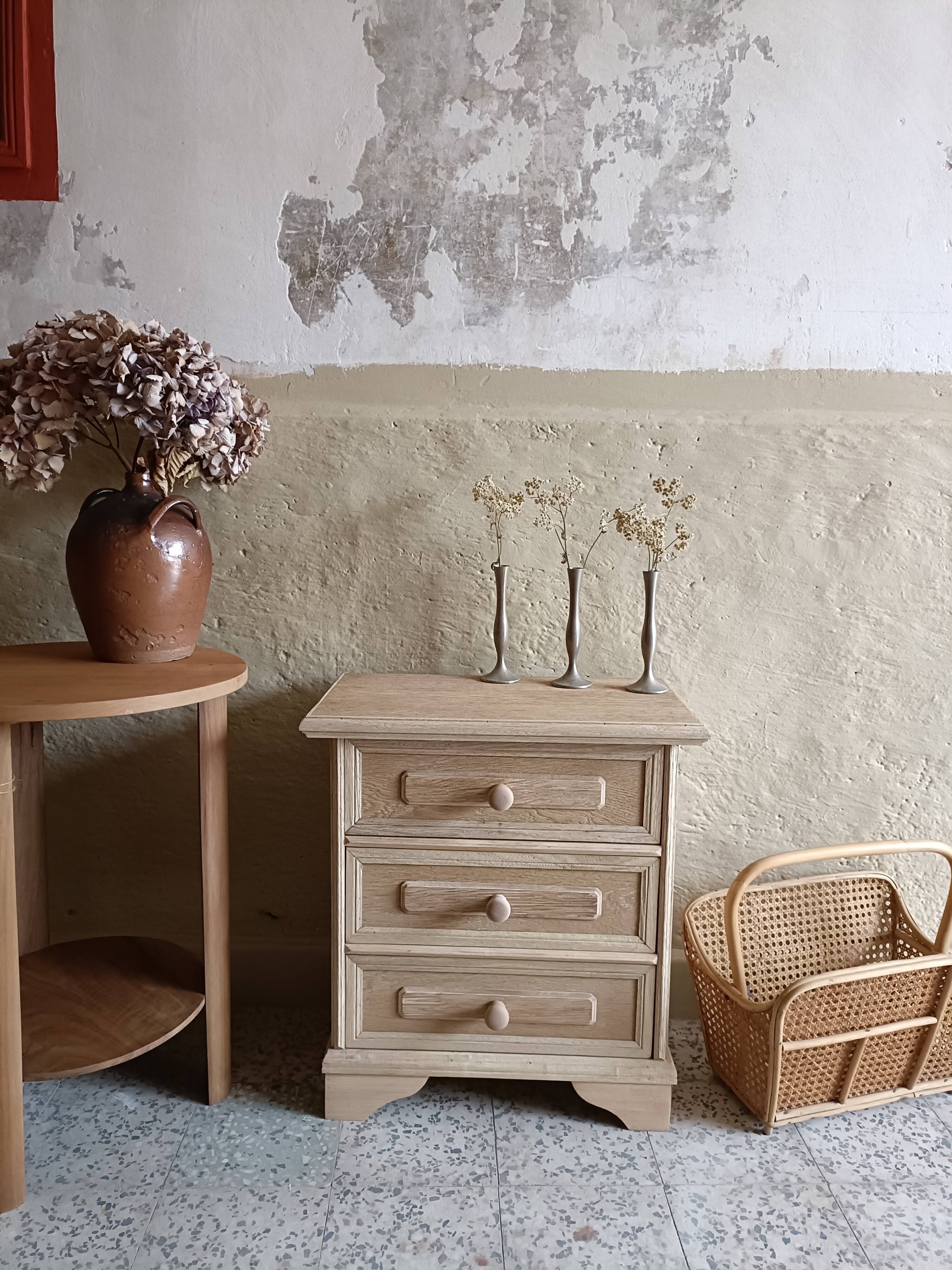 Renovated raw bedside table with 3 drawers
