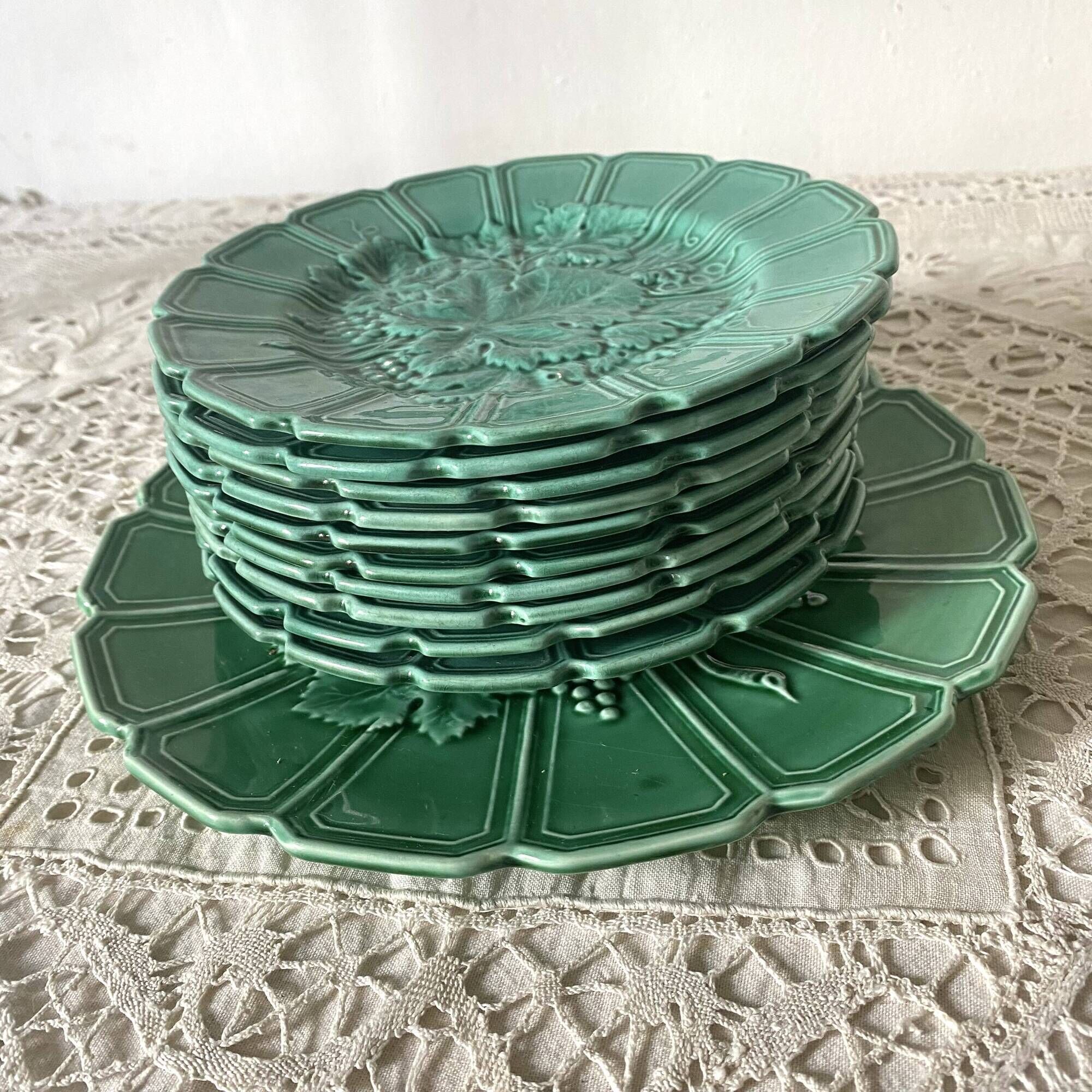 10 barbotine dessert plates and vine leaf dish