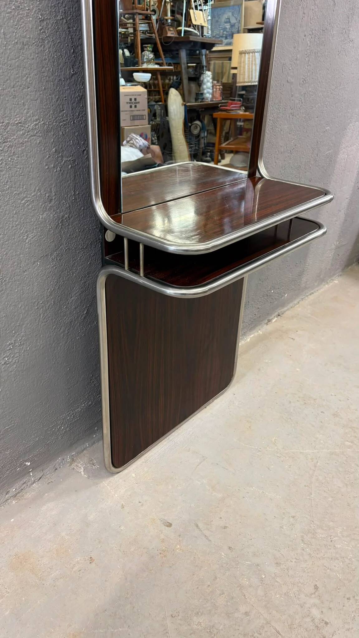 Console murale en chrome et palissandre avec miroir, années 1970, italienne.