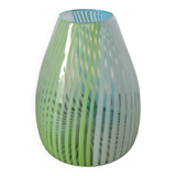 Blown glass vase with opal glass threads