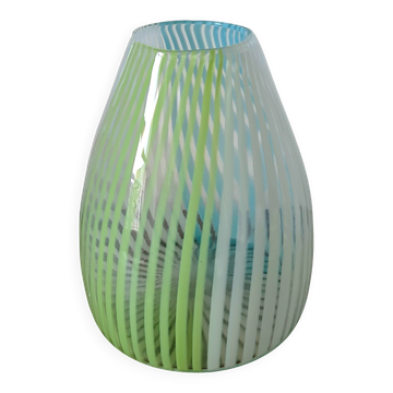 Blown glass vase with opal glass threads