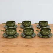Vintage Tams England service – 6 soup bowls with handles and saucers in olive green ceramic.