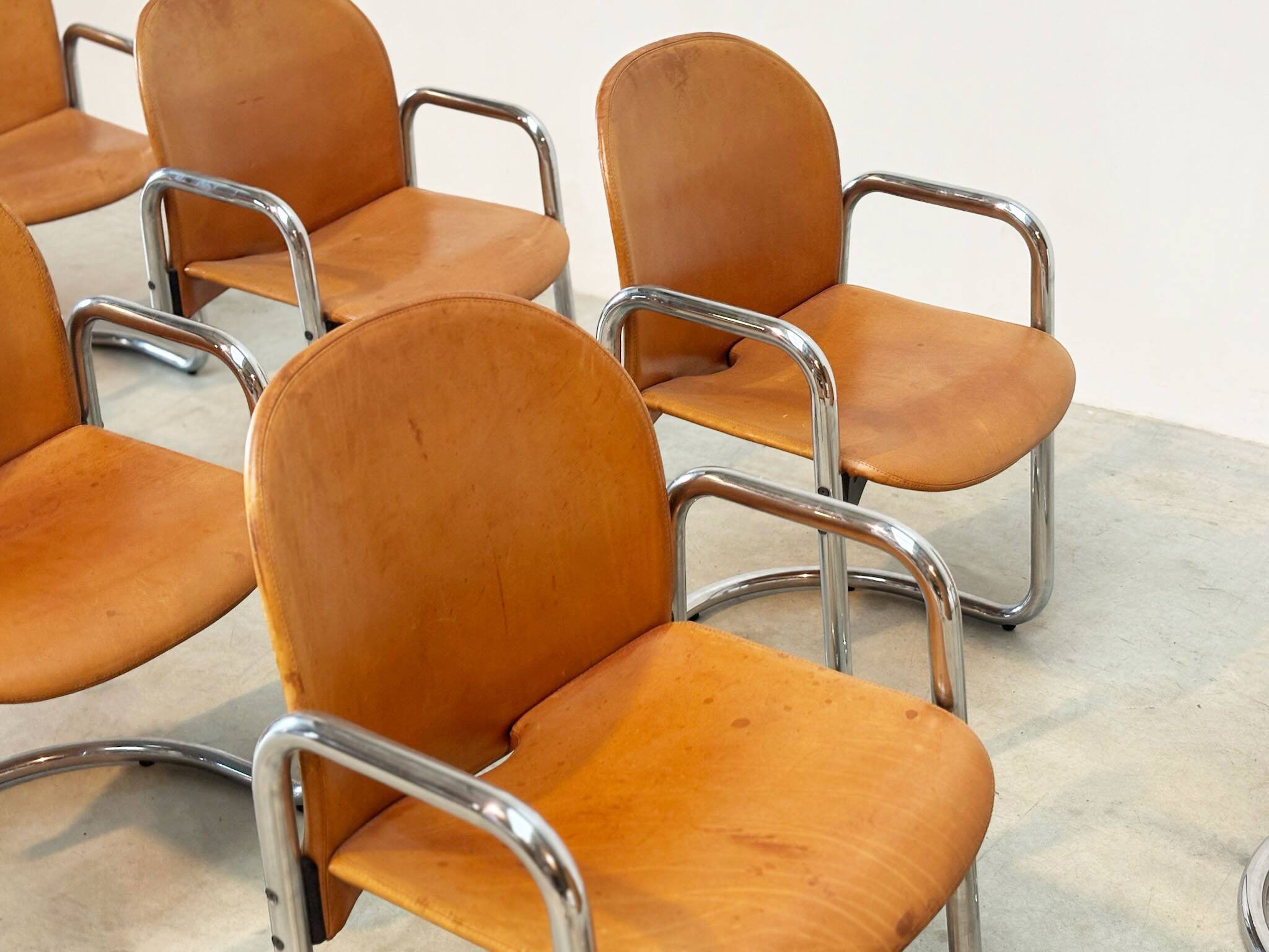 Set of eight cognac leather Dialogo Dessau dining chairs by Afra E Tobia Scarpa