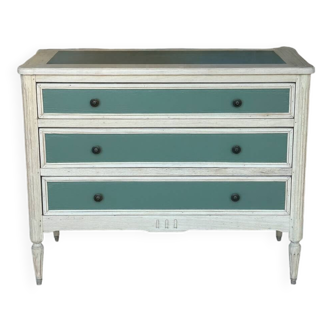 Commode Louis XVI rénovée, kaki mat et bois clair