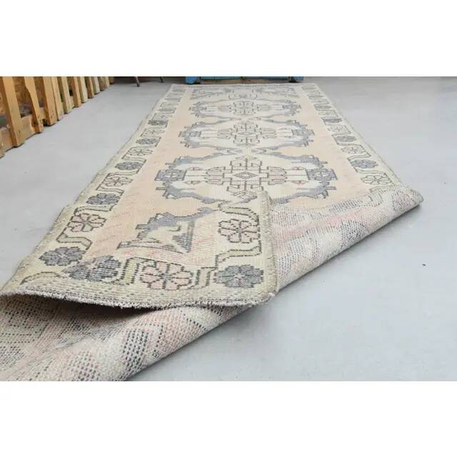 1970s vintage Turkish hand-knotted wool cotton beige runner rug 93x301