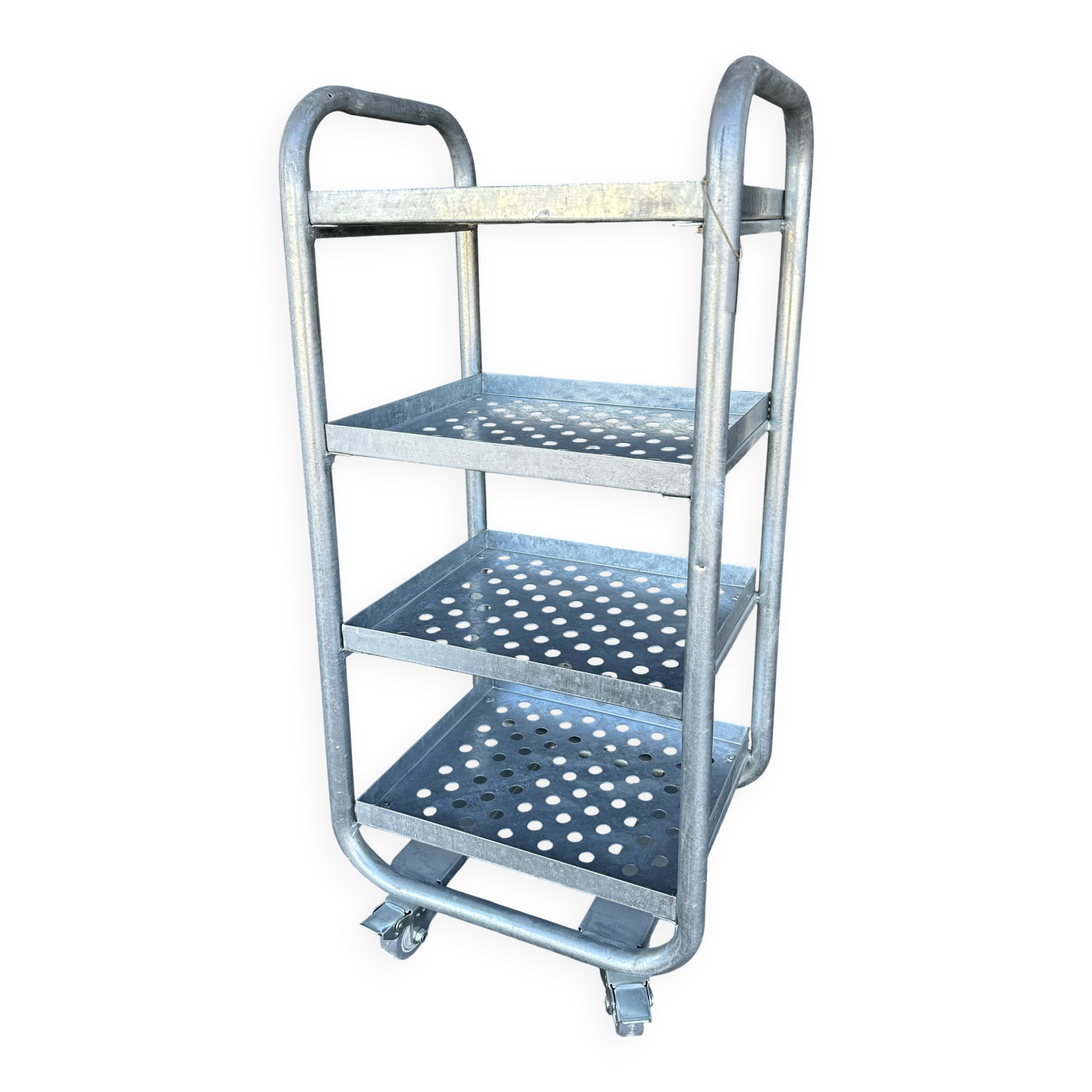 Four-wheeled dessert trolley with 4 perforated metal shelves.
